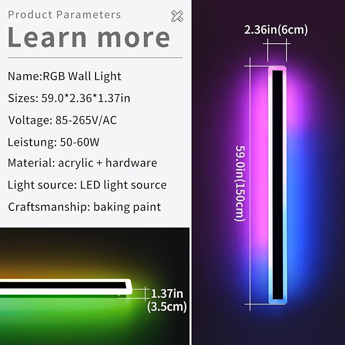 2 Pack Modern Outdoor Wall Light, 59inch RGB LED Wall Sconce, IP65 Waterproof, 10 Colors Dimmable Wall Mount Light Fixture for Fence, Garage, House, Black Aluminium, with Remote Control