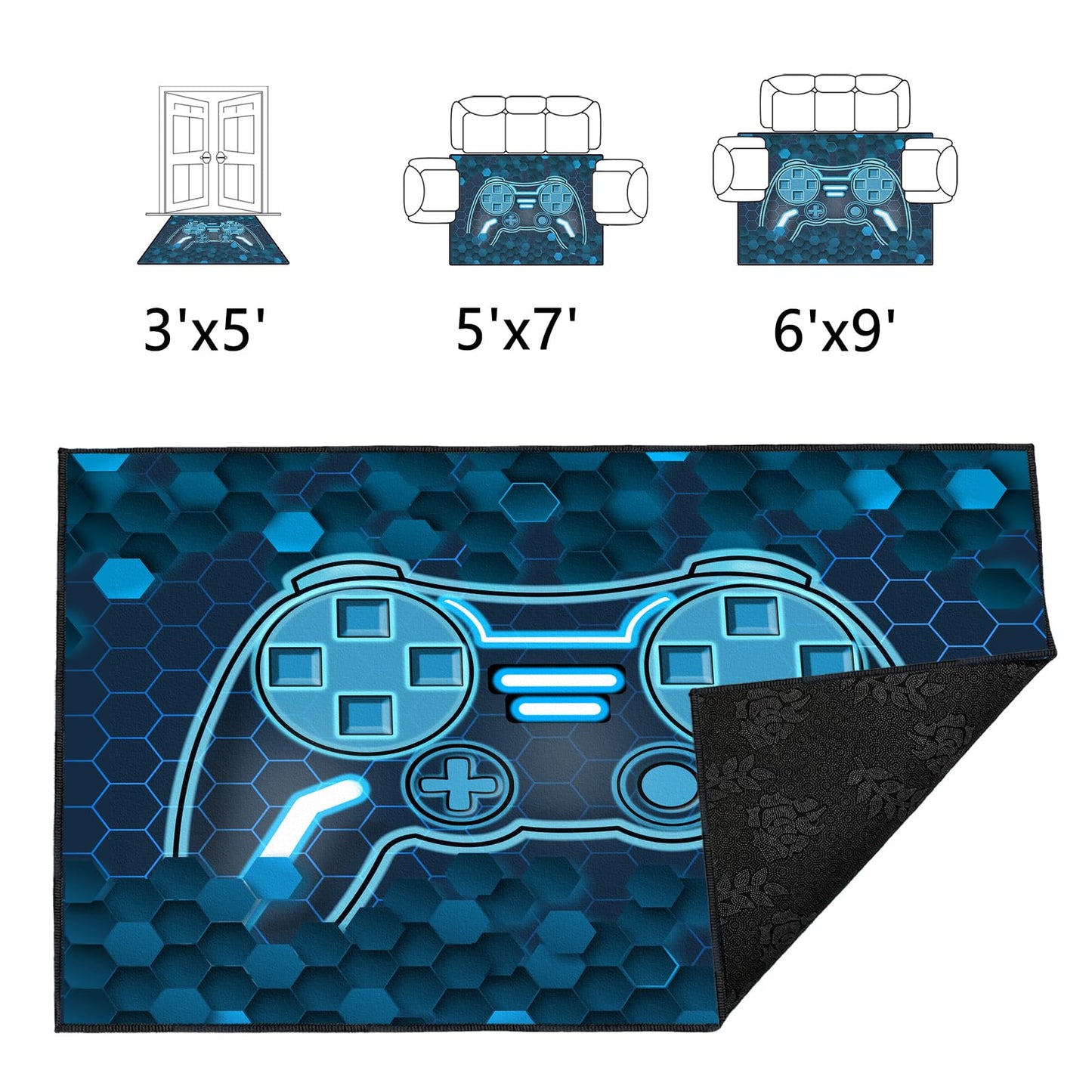 Gamer Rug for Room,3'x5' Gaming Rugs with Non-Slip Backing,Game Room Carpet for Bedroom and Livingroom Decor