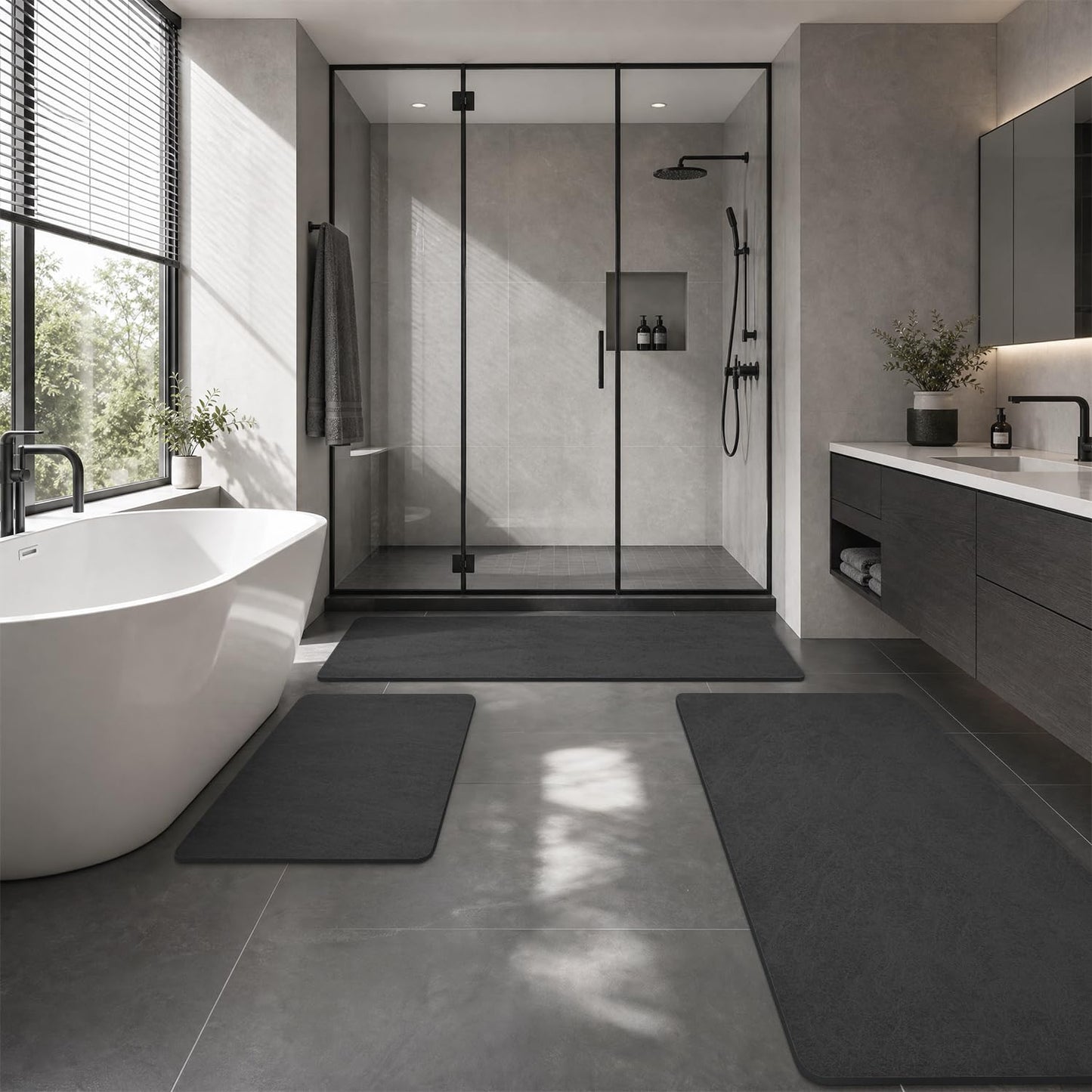 MontVoo -Bath Mat Rug-Rubber Backing Non Slip Quick Dry Absorbent Thin Bathroom Rugs Fit Under Door-Faux Suede Surface Bathroom Floor Mats-Shower Rug for in Front of Bathtub Shower Dark Grey 16"x24"