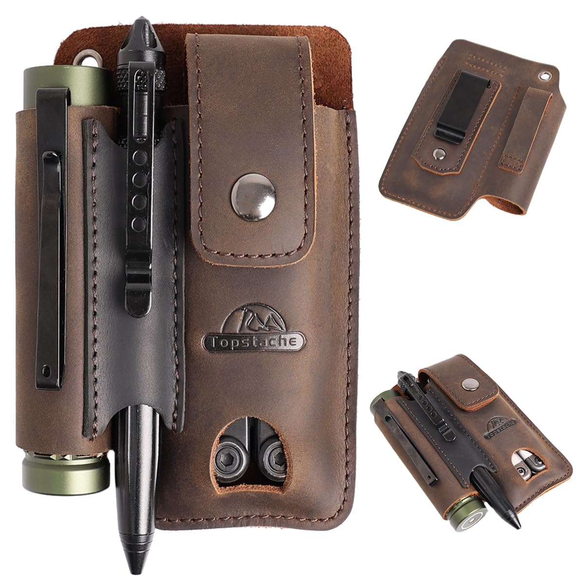 Topstache Leather Multitool Sheath - Multi Tool Holster with Belt Clip - EDC Belt Organizer Fits Multitool, Flashlight, Pen - Leather EDC Pouch Belt Holder Case with Closure Flap, Darkbrown