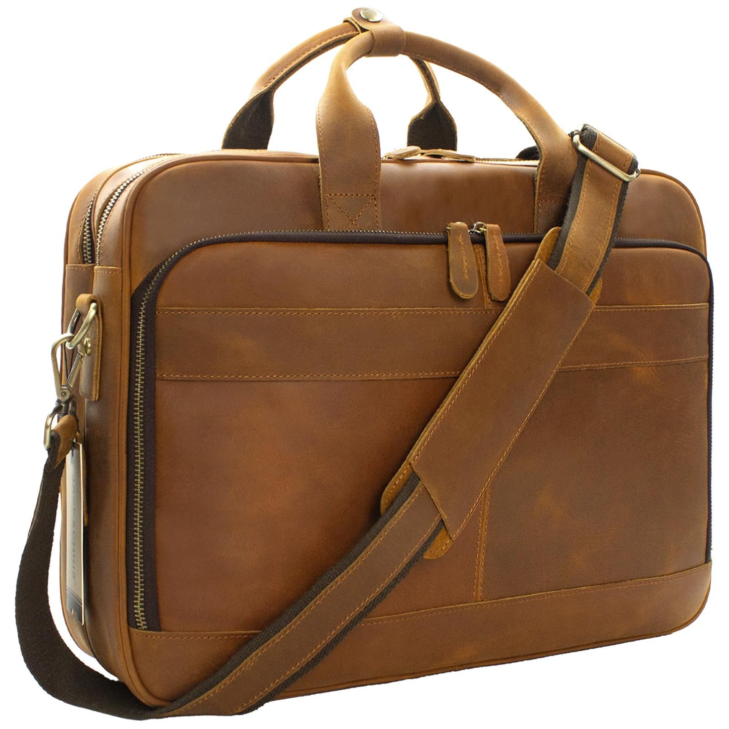 Jack&Chris Full Grain Leather Briefcase for Men,Business Messenger Bag Fits 15.6" Laptop, Vintage Business Messenger Bag with Adjustable Strap, Durable Briefcase with Travel Luggage Strap