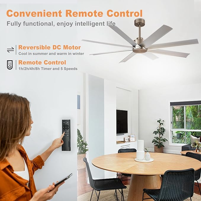 Depuley 60-Inch Ceiling Fan No Light: 8-Blade Large Ceiling Fans with Remote Control - Ultra Quiet DC Motor Reversible Timer Brushed Nickel