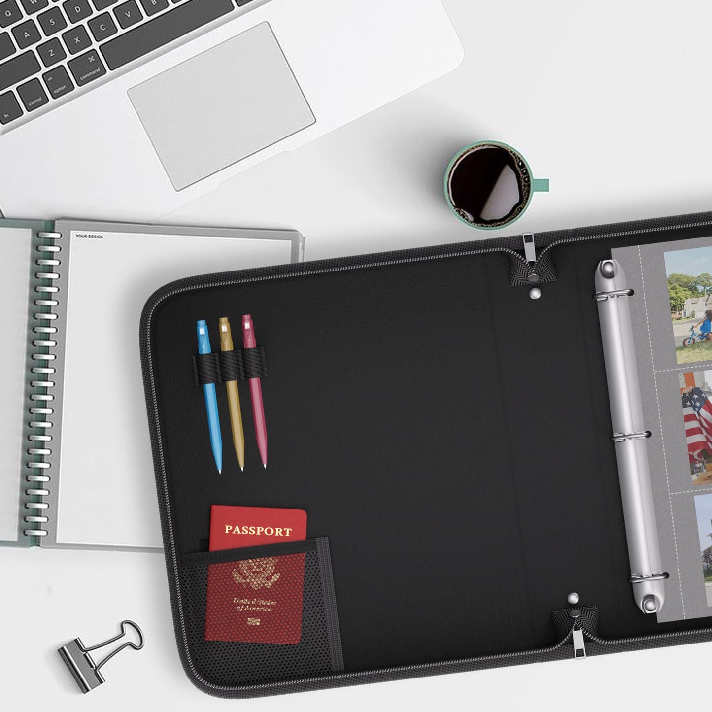 ZOOPIP Fireproof 3 Ring Binder with Zipper, 1.5 Inch D Rings Hold up 375 Sheets of 8.5" x 11" (A4), Compatible with Clear Page Protectors, Built-in Net and Pen Holder(Black, 1 Pcs)