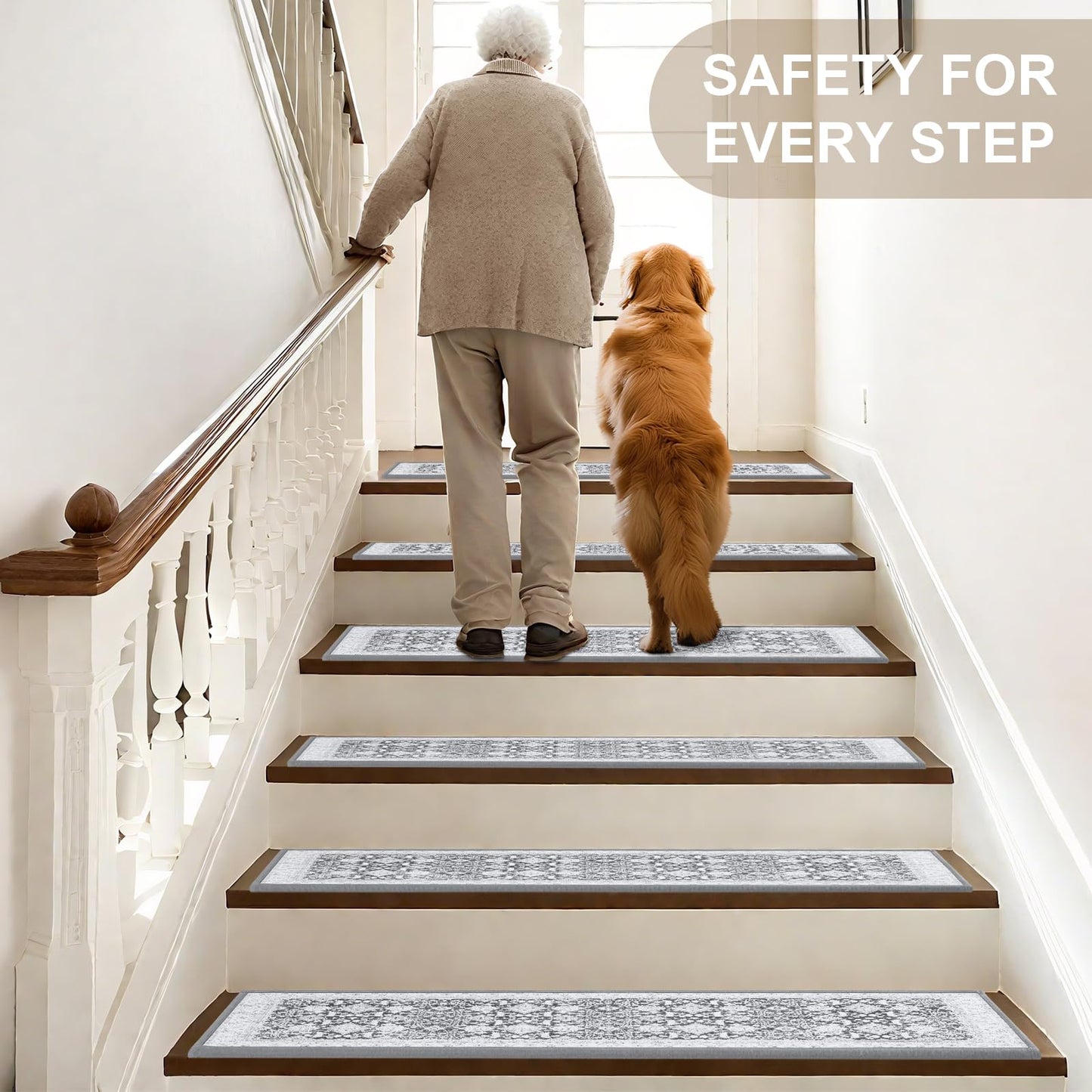 Non Slip Stair Treads for Wooden Steps Indoor, Grey, 15pcs, 30"X8", Soft Carpet Mat, Machine Washable Boho Carpet Treads with Reusable Adhesive Backing, Safety Stair Tread for Dogs, Kids, Elders