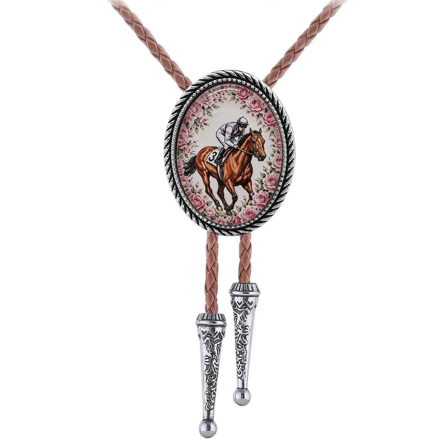 Jeilwiy Bolo Tie for Men Silver Equestrian Horse Racing Western Necktie Brown Leather Cowboy Bolero Tie for Jockeys and Horse Lovers