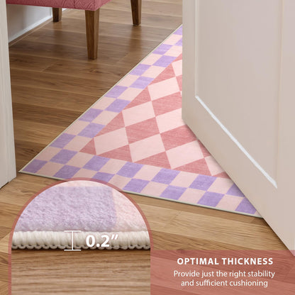 Morebes Checkered 5x7 Pink Rug for Bedroom Girls, Machine Washable Area Rug for Living Room Non Slip, Soft Low-Pile Nursery Carpet for Kids Room Dorm Dining Room (Pink,5'x7')