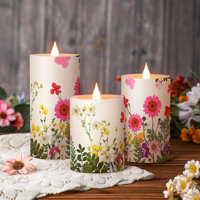 Baquler 3 Pcs Floral Wildflower Pillar Candles Flameless LED Candle Battery Operated Pressed Flower Flickering Candlestick for Wedding Summer Home Table Centerpiece Nature Inspired Party Decoration