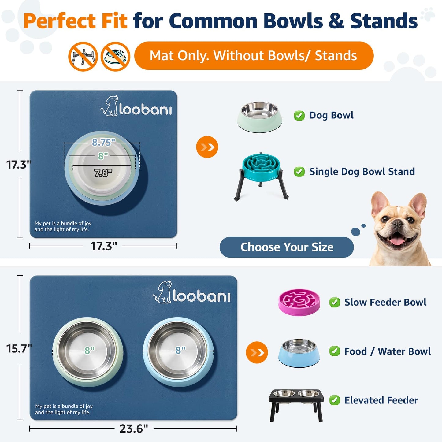 LOOBANI Dog Food Mat for Floors Waterproof 17.3"x17.3"- Absorbent Dog Bowl Mat for Food and Water Bowl, Leakproof Rubber Backing, Dog Feeding Mat for Dog, Cat, Pet (17.3"x17.3", Dark Blue)