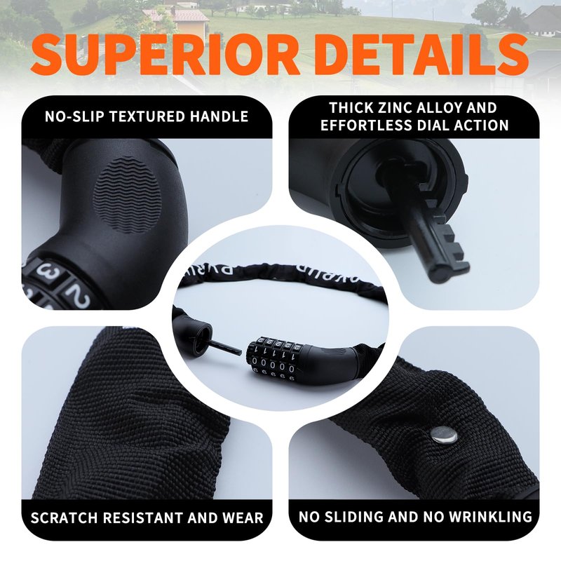 Pvrud Bike Chain Lock, 5 Digit Combination Heavy Duty Anti Theft 3.9Ft Bicycle Chain Lock,6mm Thick High Hardness keyless Bike Lock for Bike,Scooter,Motorcycle,Door, Gate