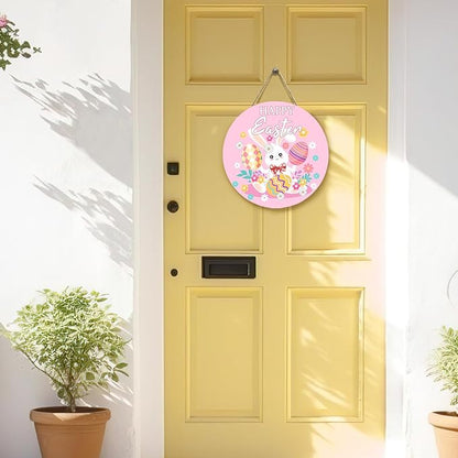 Happy Easter Bunny Front Door Signs Pink Easter Rabbit Eggs Door Hanger Spring Floral Wooden Porch Door Hanging Sign Farmhouse Decorations for Home Holiday Party