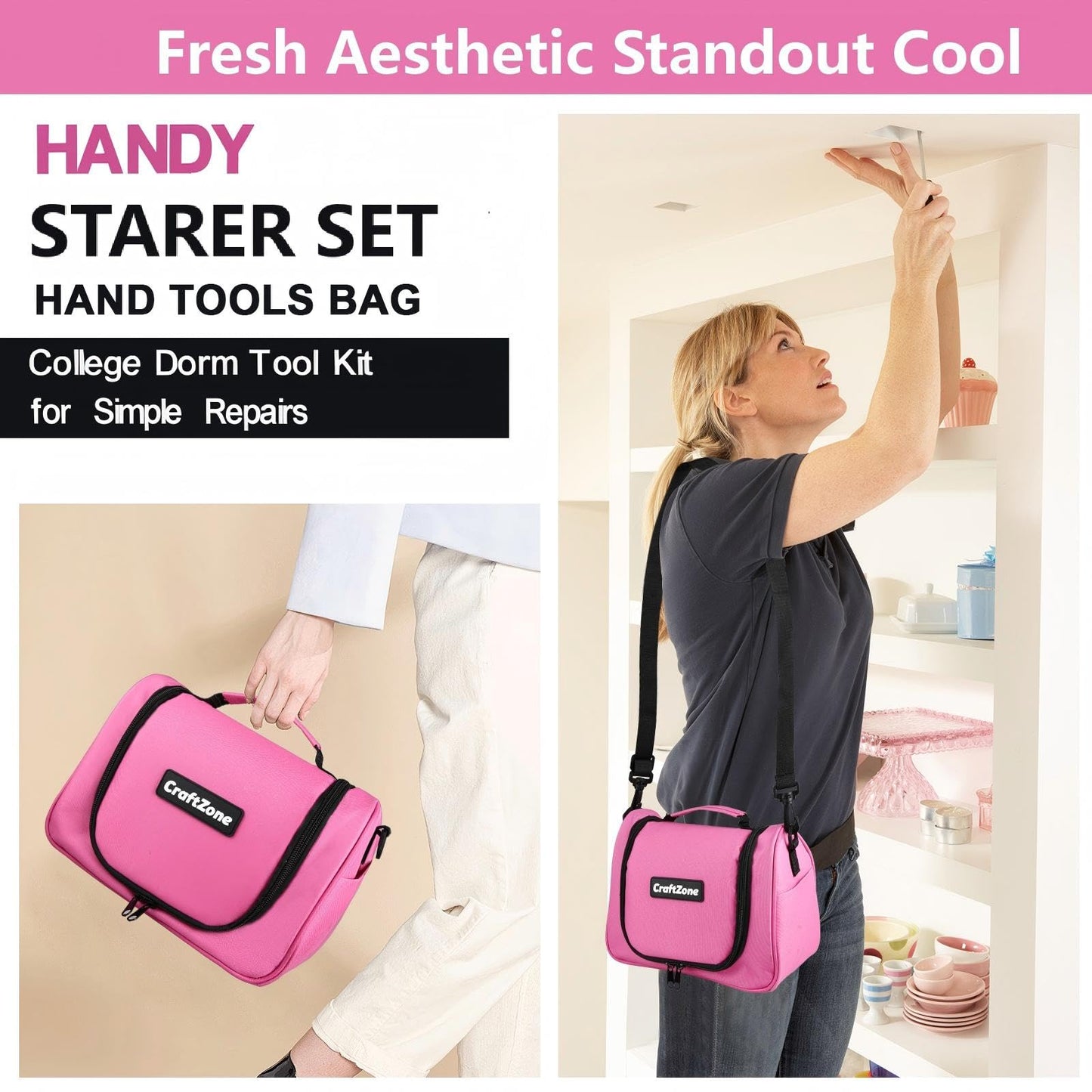 Pink Tool Set,Tool Bag for Women with Shoulder Strap,Basic Tool Kit,21Pcs,Tool Pouch with Zipper,Portable Tool Bag with Tools for Home|Dorm|Office|DIY|Desk|Apartment