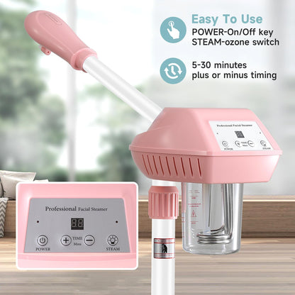 Professional Facial Steamer, 2In1 Face Steamer on Wheels for Facial Deep Cleaning, SPA Facial Steamer for Esthetician with 5X Magnifying Lamp, Stand Face Steamer with Time Setting, Pink