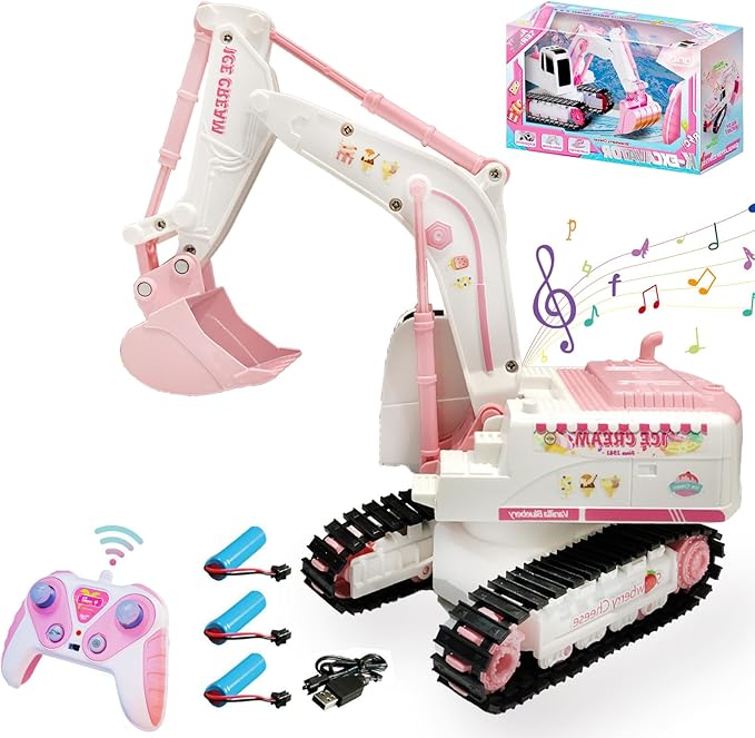 Pink RC Excavator 6 Channel 2.4Ghz RC Construction Vehicle1:24 Scale Pink Excavator Toy with 360° Rotation Light Sound and DIY Stickers Birthday Gift for Teens Adults (3 Battery)