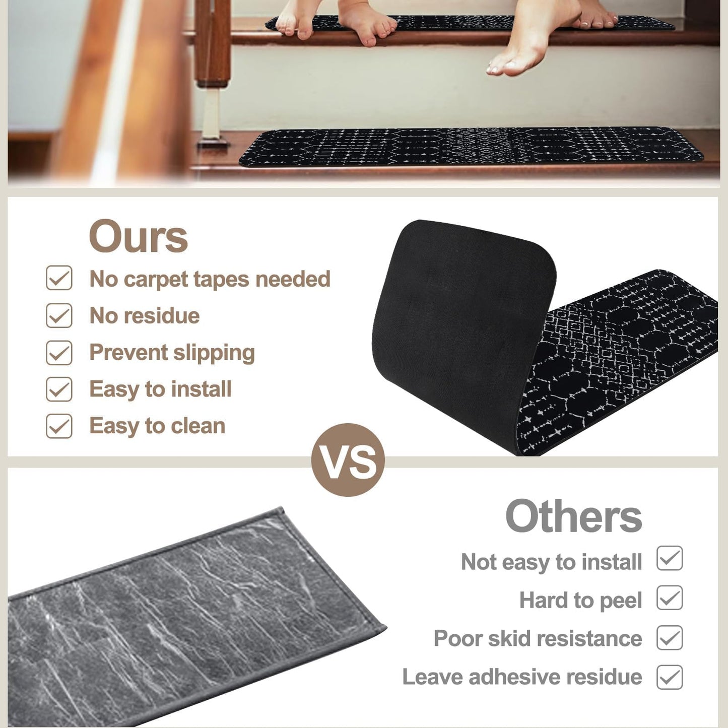 OJIA Stair Treads Non-Slip Stair Runners for Wooden Steps Indoor 15PCS 30"x8" Carpet Stair Treads Stair Mats Staircase Step Treads for Kids, Elders and Dogs, Stair Covers, Black
