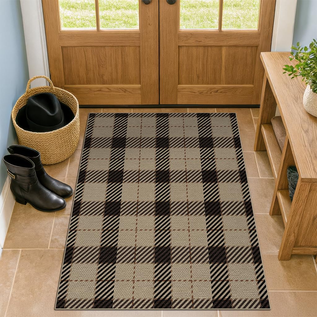 3x4 Entryway Door Mat Indoor – Washable Non Slip Small Rug for Front Door, Kitchen Sink, Mudroom, Garage Entry, Low Profile Easy Clean Farmhouse Plaid Floor Mat
