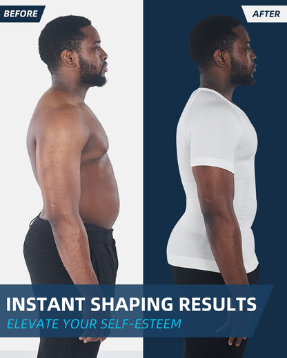 KOCLES Gynecomastia Compression Shirts for Men, Shapewear Slimming Body Shaper Undershirt, V-Neck Baselayer T-Shirt for Workout Sports, Fajas para Hombres (White, X-Large)