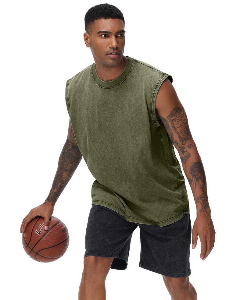 SnowElve 4 Pack Mens Workout Tank Tops Sleeveless Tee Shirts Men Muscle Shirt Gym Acid Wash T Shirts Running Beach Loose Fit Tee(BKGYAGBG,L)