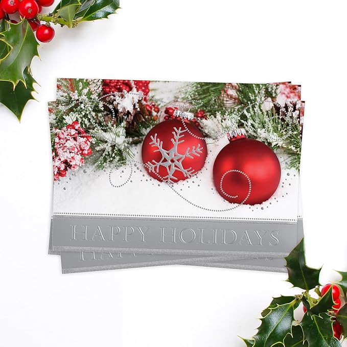 Masterpiece Holiday Ornament Sparkle Christmas Cards / 16 Boxed Holiday Card Set With Silver Foil Accents And Coordinating Envelopes / 5 5/8" x 7 7/8" Folded Winter Holidays Greeting Cards With Inside