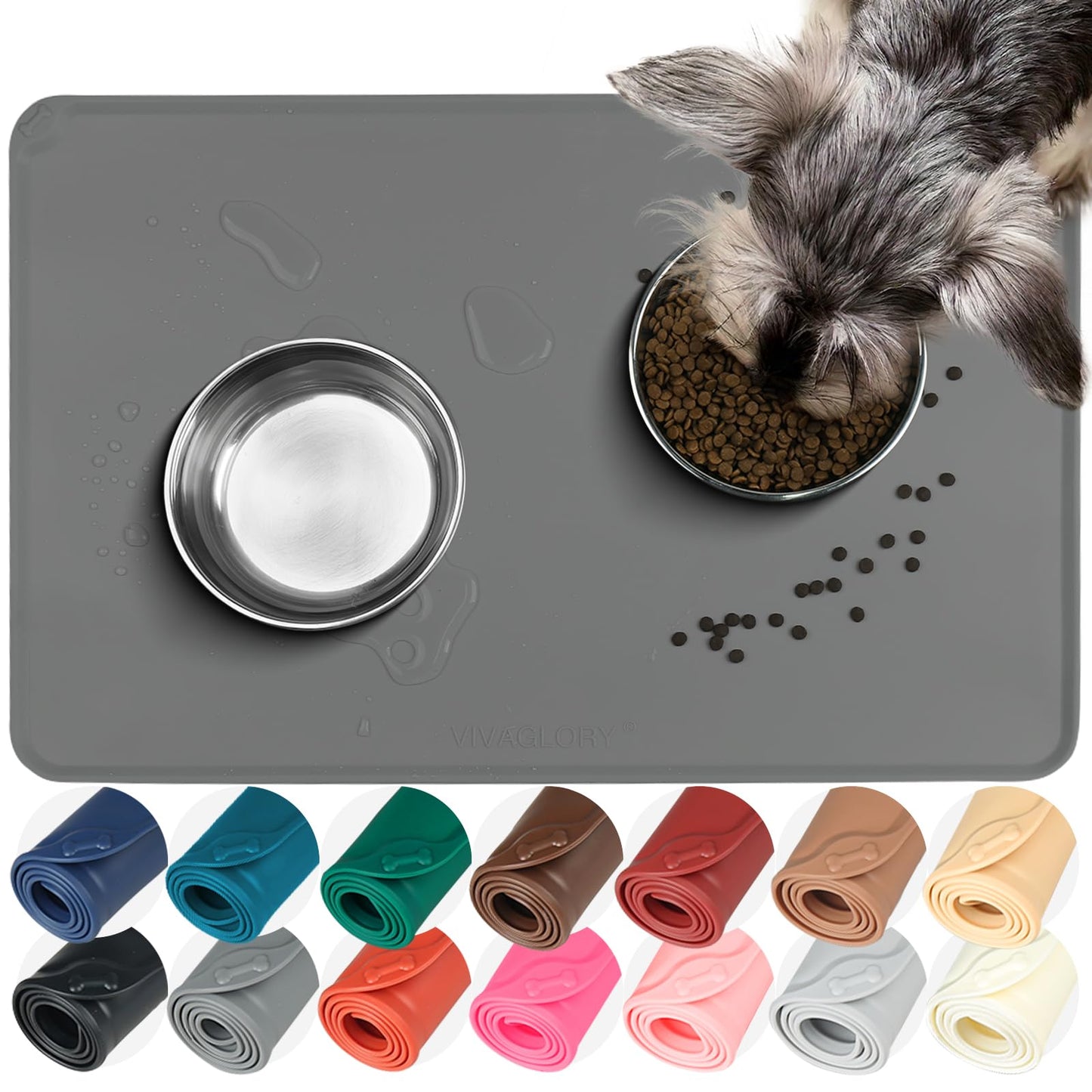 VIVAGLORY Dog Food Mat Flexmat Dog Bowl Mat, Placemat Food Tray with Raised Edges & Lip for Indoor Floor, Non Slip Waterproof Silicone Dish Placemat for Cat & Pet, S, Grey