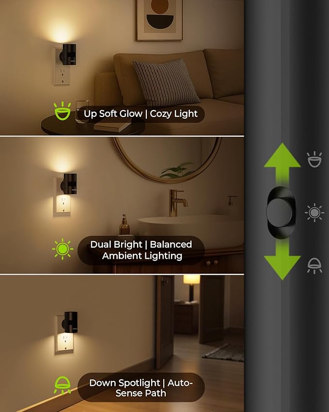AUVON LED Night Lights Plug into Wall, Dimmable Night Light with Motion Sensor, Dusk to Dawn Sensor & Rotatable Design, 1-100LM Adjustable Brightness Warm White for Bedroom, Hallway, 2-Pack