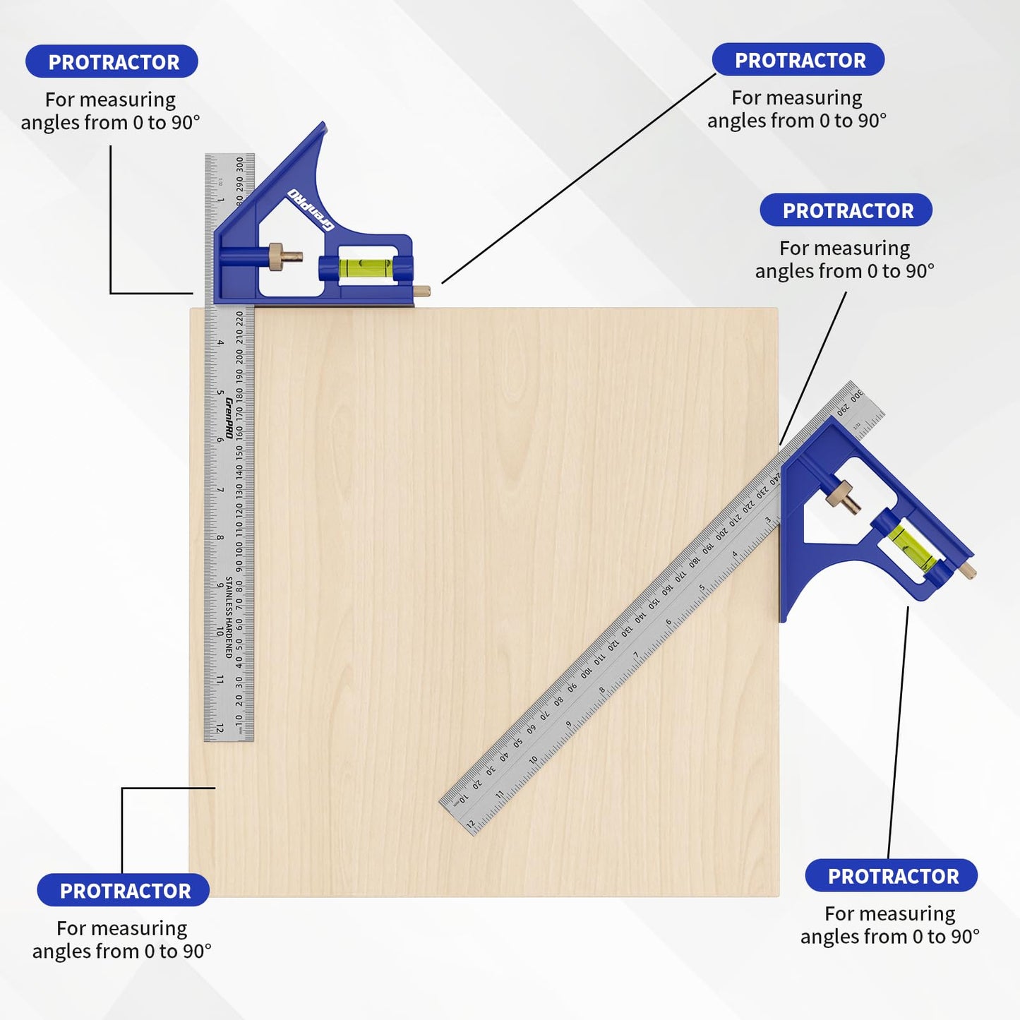 GRENPRO Combination Square Woodworking Ruler Tools, 7inch Carpenter Square Wood Working Tools and Accessories, 12inch Square Ruler, Includes 2-in-1 Carpentry Pencil, Protractor Angle Machinist Tool