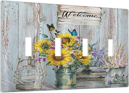Sunflower Vintage Barn Wooden 4 Gang Decorative light switch plate Cover Sun floral Quad Toggle Wall Plate Covers Switchplate Electrical Faceplate Farmhouse Home Livingroom Decor