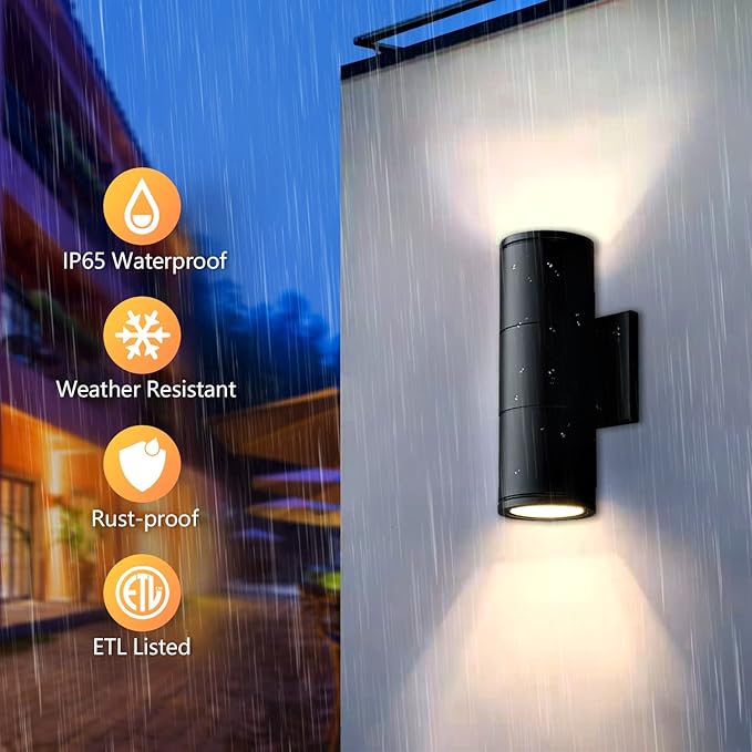wowlite Modern Outdoor Wall Lights, Up and Down Lights Wall Mount Cylinder Sconce Matte Black, Waterproof Exterior Lights Fixture for Porch Patio Garage Front Door, Pack of 2