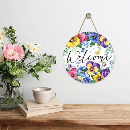Welcome Spring Summer Floral Flowers Front Door Sign, Pansy Forget Me Not Wood Door Hanger Outdoor Outside Porch Decor, Butterfly Seasonal Wooden Wreath Indoor Wall Hanging Decoration