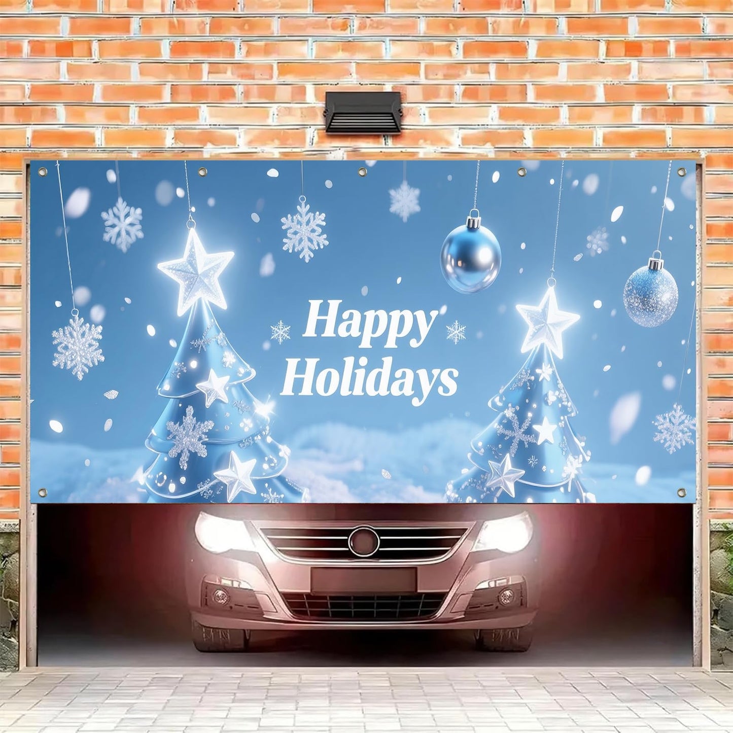 HOMETITUTE Happy Holidays Garage Door Banner 13x6ft Christmas Tree Snowflakes Theme Backdrop Holiday Seasonal Decor Door Cover Banners for Outside Garage Wall Covering for Party Garage