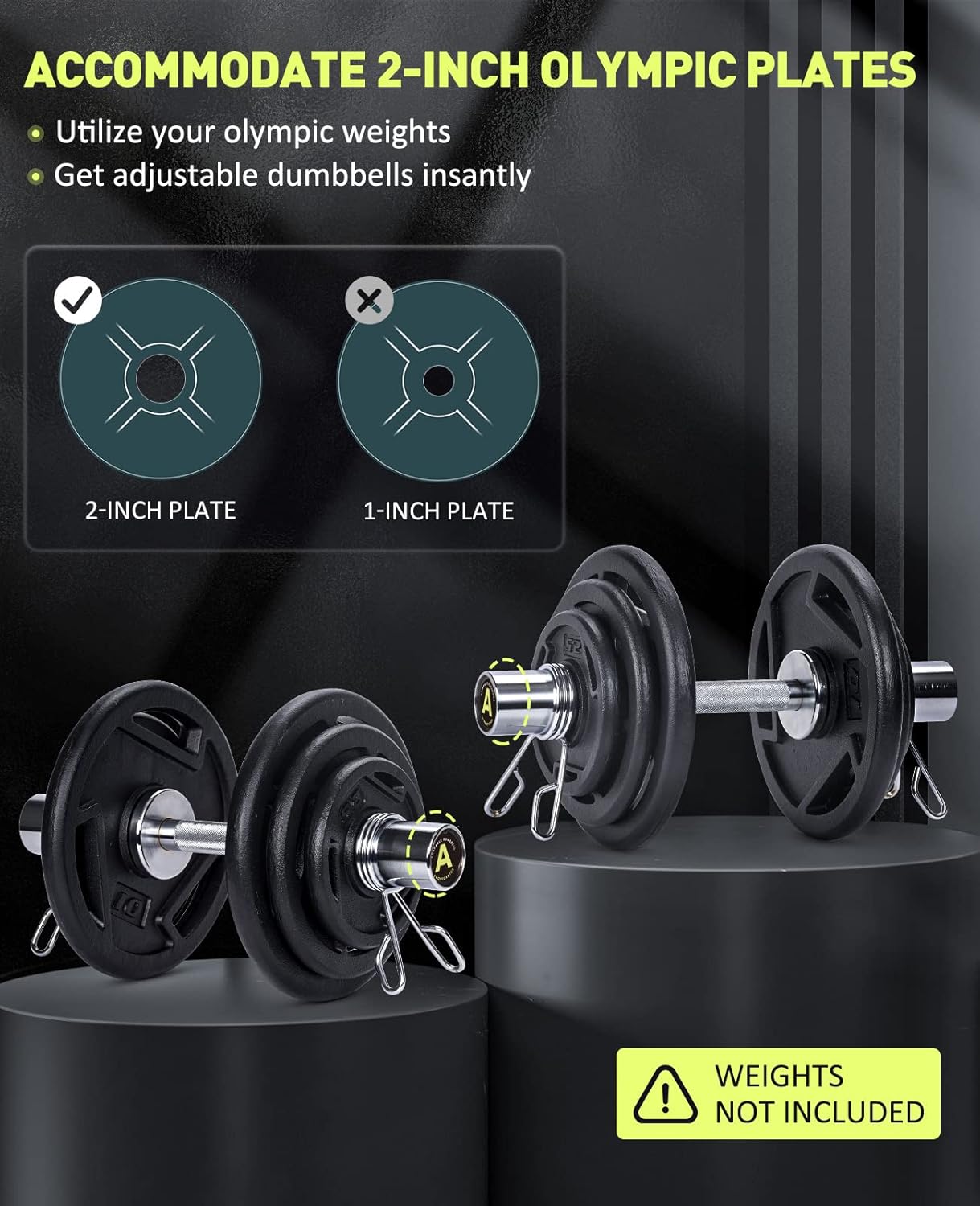 Pair of 16" Olympic Dumbbell Handles, Loadable Dumbbell Bars for 2-inch Olympic Weight Plates Great for Home Gym Strength Training, Weight Bars with 2 Pair of Spring Collars