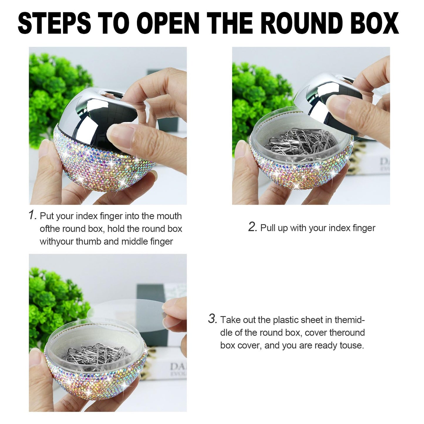 etspolt Rhinestone Paper Clip Holder, 100 Pcs 28mm(1.1") Paper Clips in Bling Sliver Round Magnetic Paper Clip Dispenser, Paperclip Holders for Desk Organizer (White)