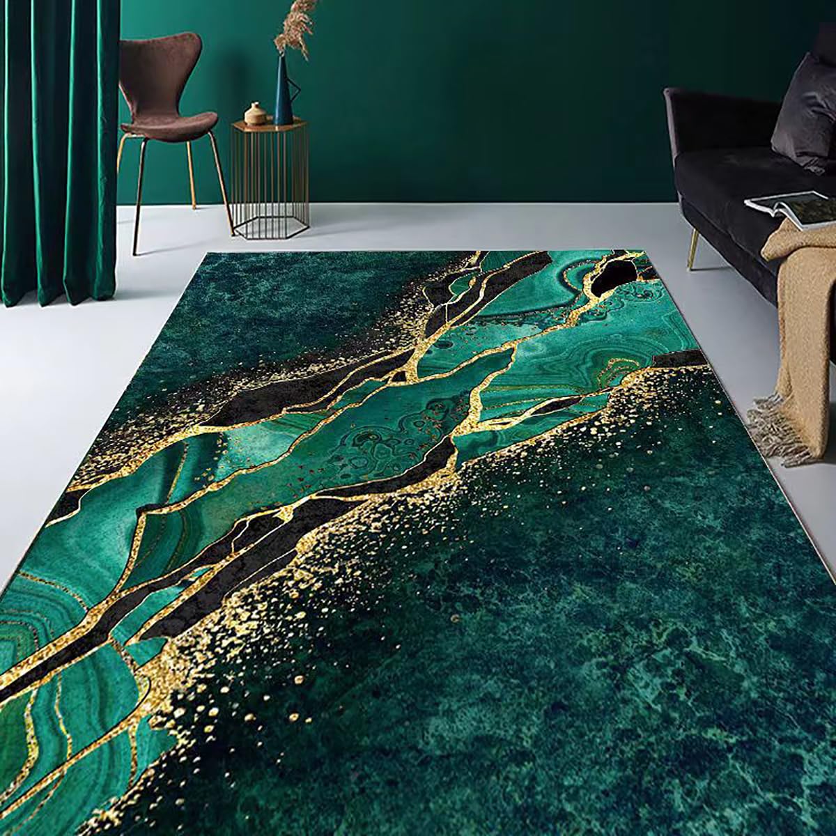 Qmkmyy Luxury Emerald Green Black Gold Marble Abstract Bedroom Rugs 5'x8' for Living Room Modern Aesthetic Glitter Area Rug Soft Cozy Carpet Floor Mats
