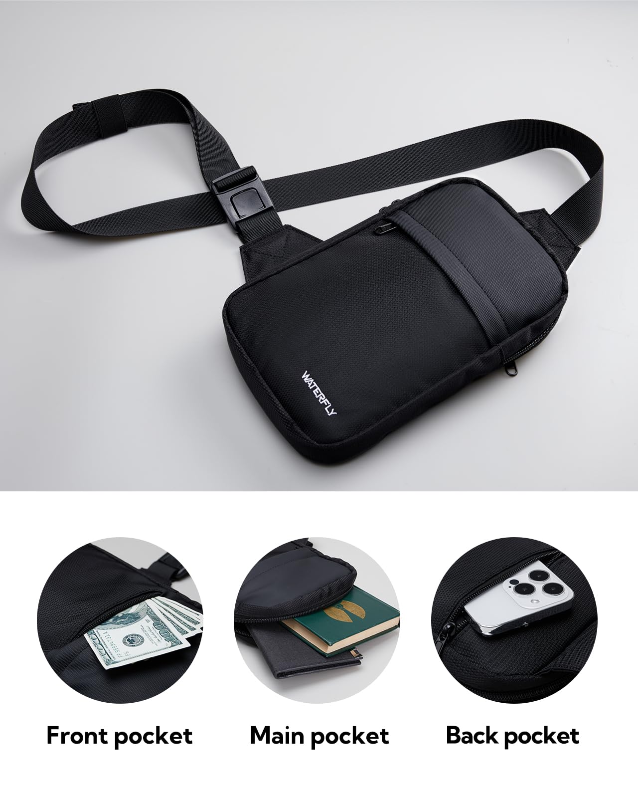 WATERFLY Crossbody Chest Sling bag: Small Shoulder Bag Crossover Cross Body Bag for Work Travelling Women Men