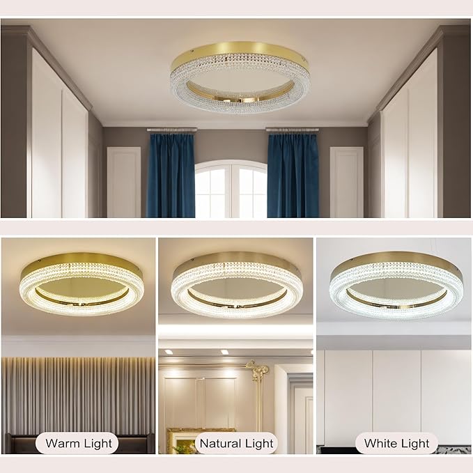 23.6" Gold LED 3 Color Remote Dimmable Modern Crystal Chandelier Round LED Crystal Ceiling Light Fixture Flush Mount Chandelier Ceiling Light with Crystals for Hallway Bedroom Kitchen Foyer (Gold)