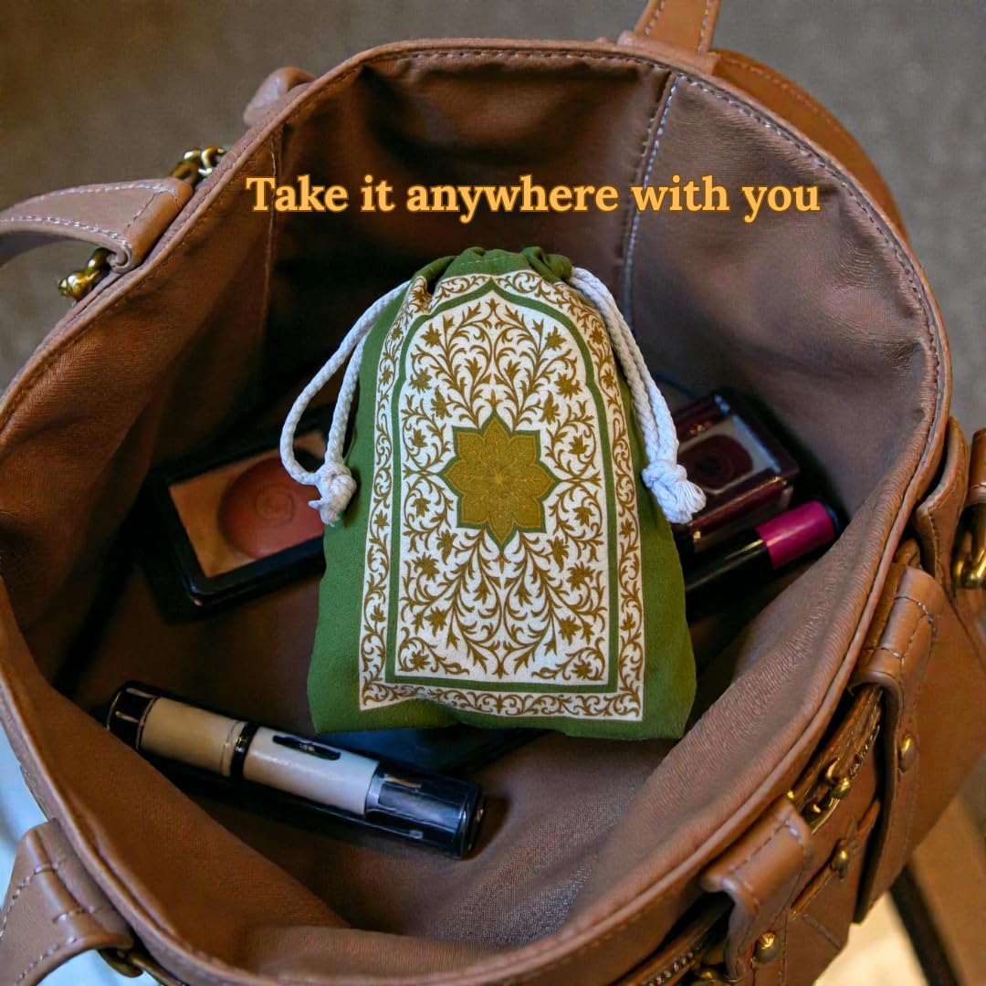 The Anywhere Sajadah Portable Microfiber Suede Travel Prayer Mat, Foldable Pocket Sajjadah with Drawstring Pouch, Quick-Dry, Machine Washable, Lightweight Prayer Rug, Gift for Hajj, Umrah & Travel