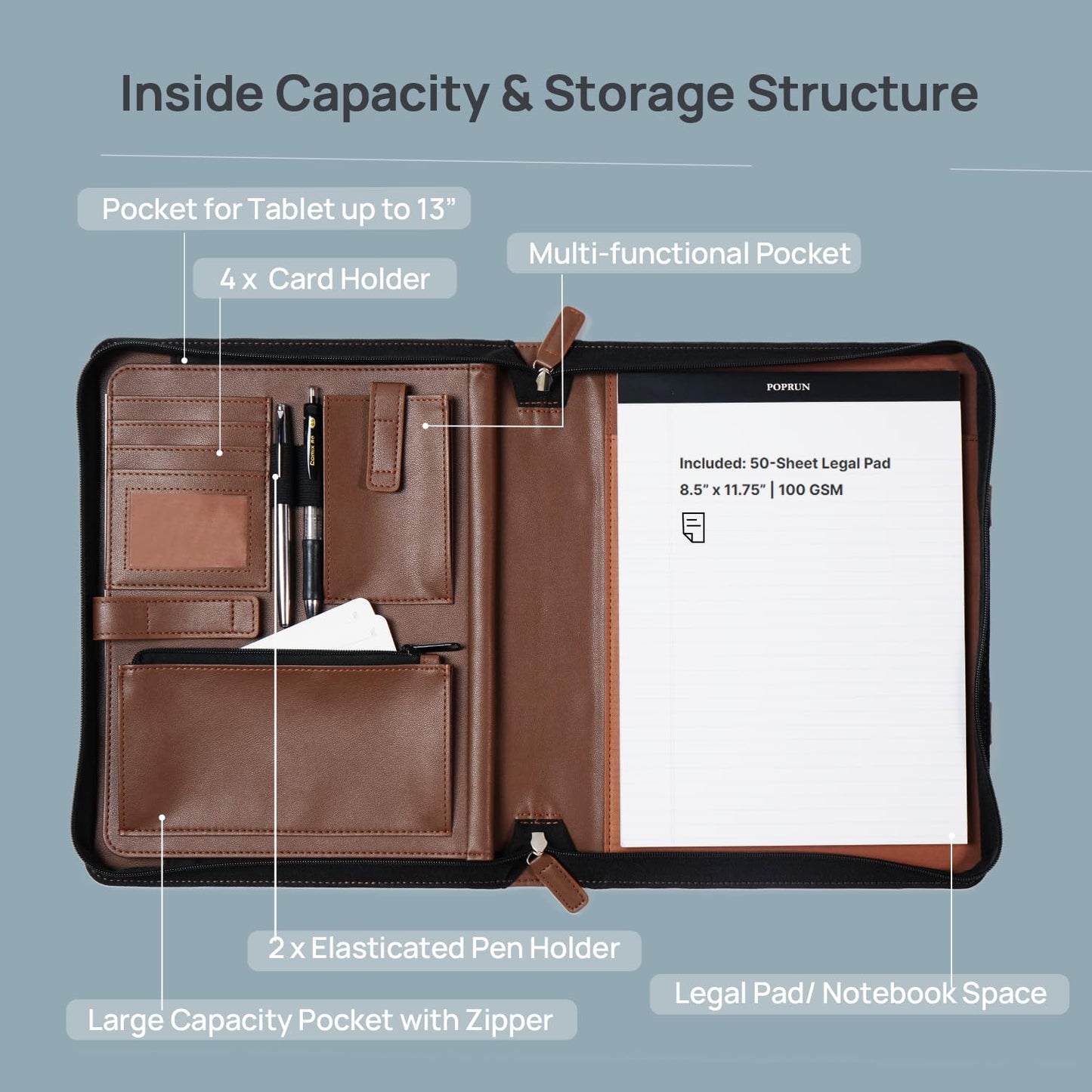 POPRUN Professional Zippered Portfolio Binder - Leather Padfolio Organizer with Notepad, Tablet Sleeve & Handles for Business, Meetings, Interviews, and Daily Office Use, Brown