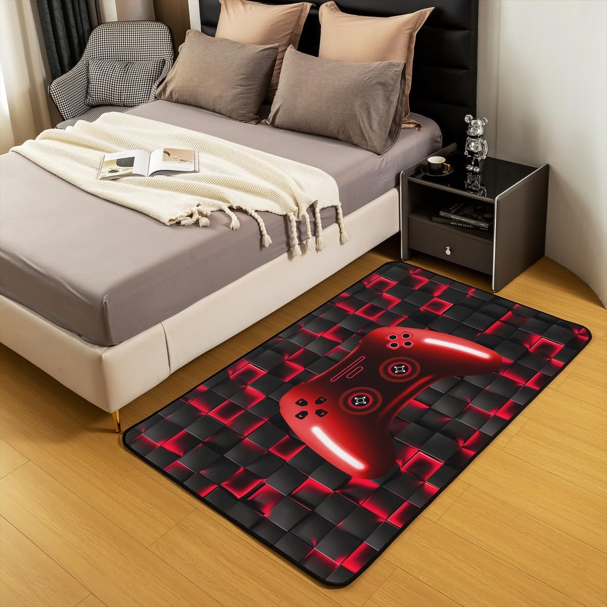 Erosebridal Gamer Non Slip Rug for Boys,Red Gaming Area Rug for Boys,Kids Neon Lights Gamepad Carpet,Ombre Gradient Glowing Checkered Indoor Floor Mat Grid Lattice Decor for Playroom Kitchen 3x5
