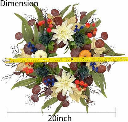 20 Inch Fall Wreath for Front Door, Artificial Thanskgiving Autumn Wreath with Pumpkins, Berries, Dahlia and Silk Leaves for Farmhouse Home Window Wall Office Indoor Outdoor Decorations