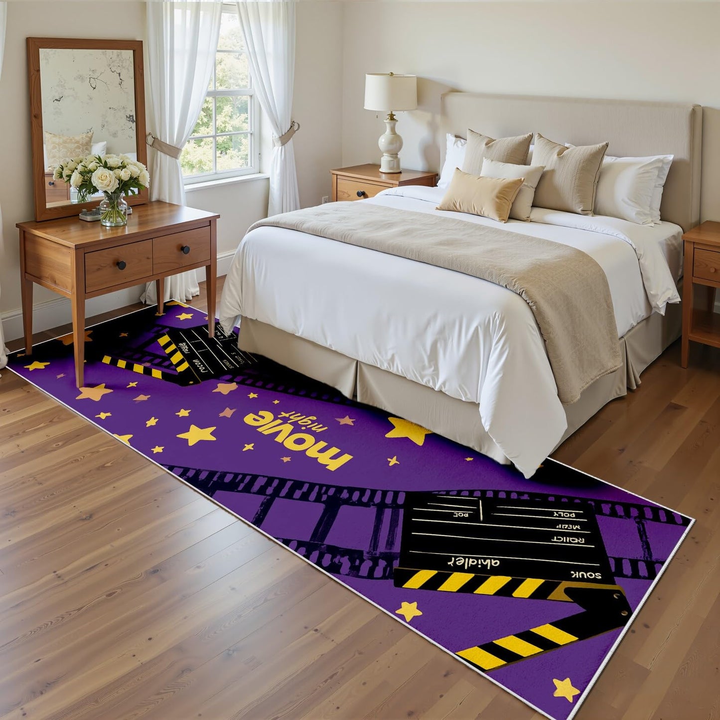 Retro Home Theater Runner Rug 2x6ft Black Clapboard & Film Reel Pattern, Non-Slip Movie Theater Carpet for Hallway, Kitchen, Playroom, Nursery, Farmhouse Decor