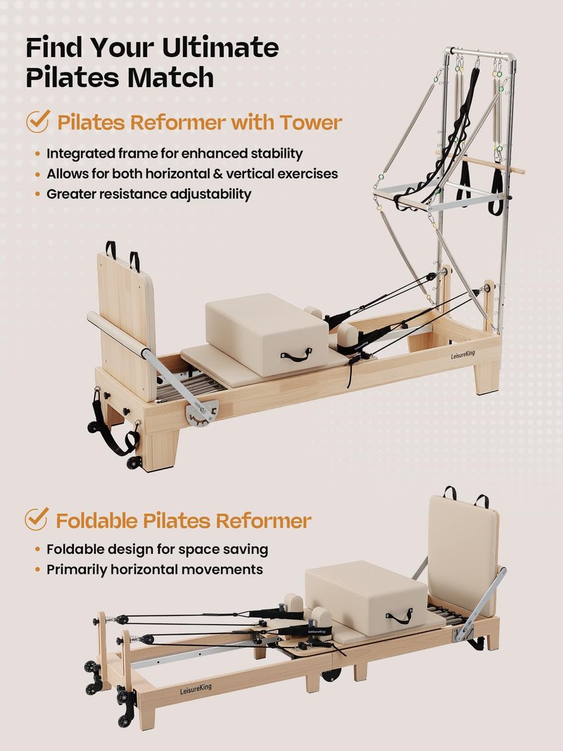LeisureKing Pilates Reformer with Tower, Pilates Machine Equipment for Home Gym Workout, Studio Grade Reformer Set with Full Accessories, Sitting Box, Jump Board for Fitness & Pain Relief