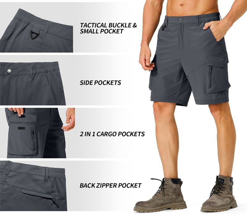 Hugut Men's Hiking Cargo Shorts Quick Dry Lightweight Travel Shorts with Multi Pockets for Fishing Camping Golf