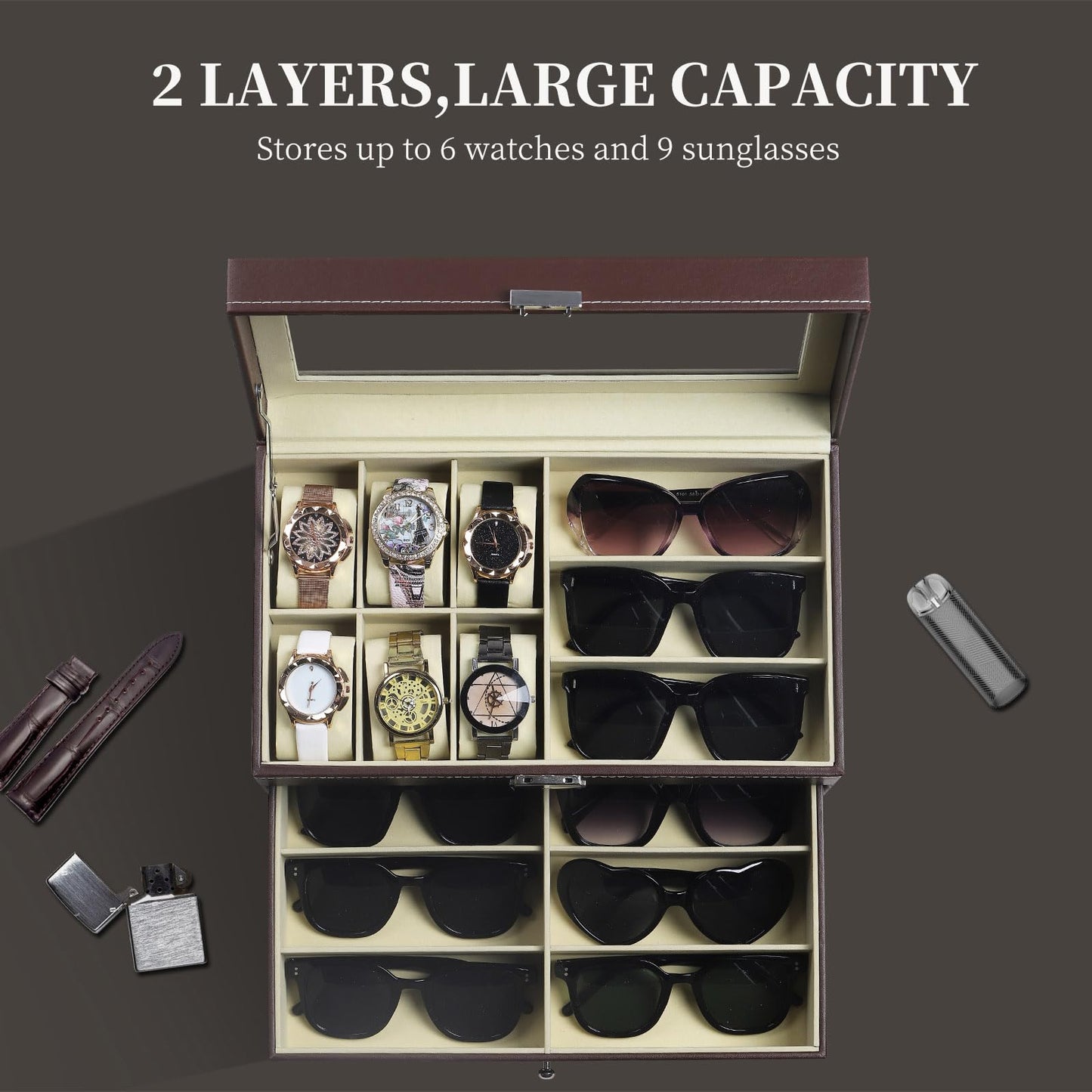 AUTOARK Leather 6 Watch Box Jewelry Case and 9 Piece Eyeglasses Storage and Sunglass Glasses Display Drawer Lockable Case Organizer,Brown,AW-130