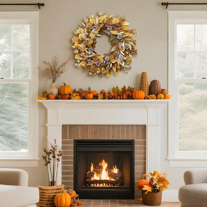 Fall Wreath for Front Door, 24 Inch Autumn Wreath with Pine Cones, Grain Ears, Oak Leaves and Maple Leaves Fall Decorations for Home, Artificial Flowers Harvest and Thanksgiving Indoor & Outdoor