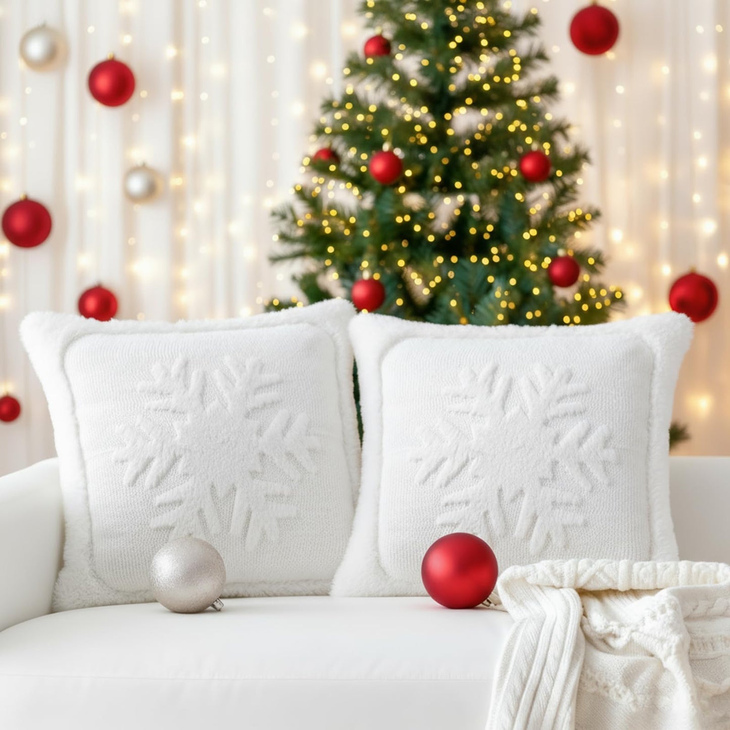 Newwiee Christmas Throw Pillow Covers 18x18 Inch Set of 2 Snowflake Pillow Cases Soft Plush Faux Fur Couch Cushion Case for Chair Sofa Bedroom Living Room Home Decor (White)