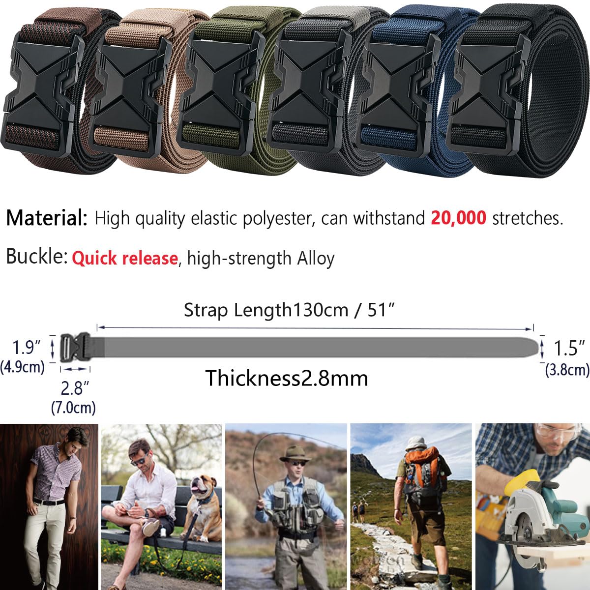 LionVII Heavy Duty Quick Release Belt, Elastic Stretch 1.5" Web Work Belts with Alloy Buckle for Waist Size Below 48" (Black)
