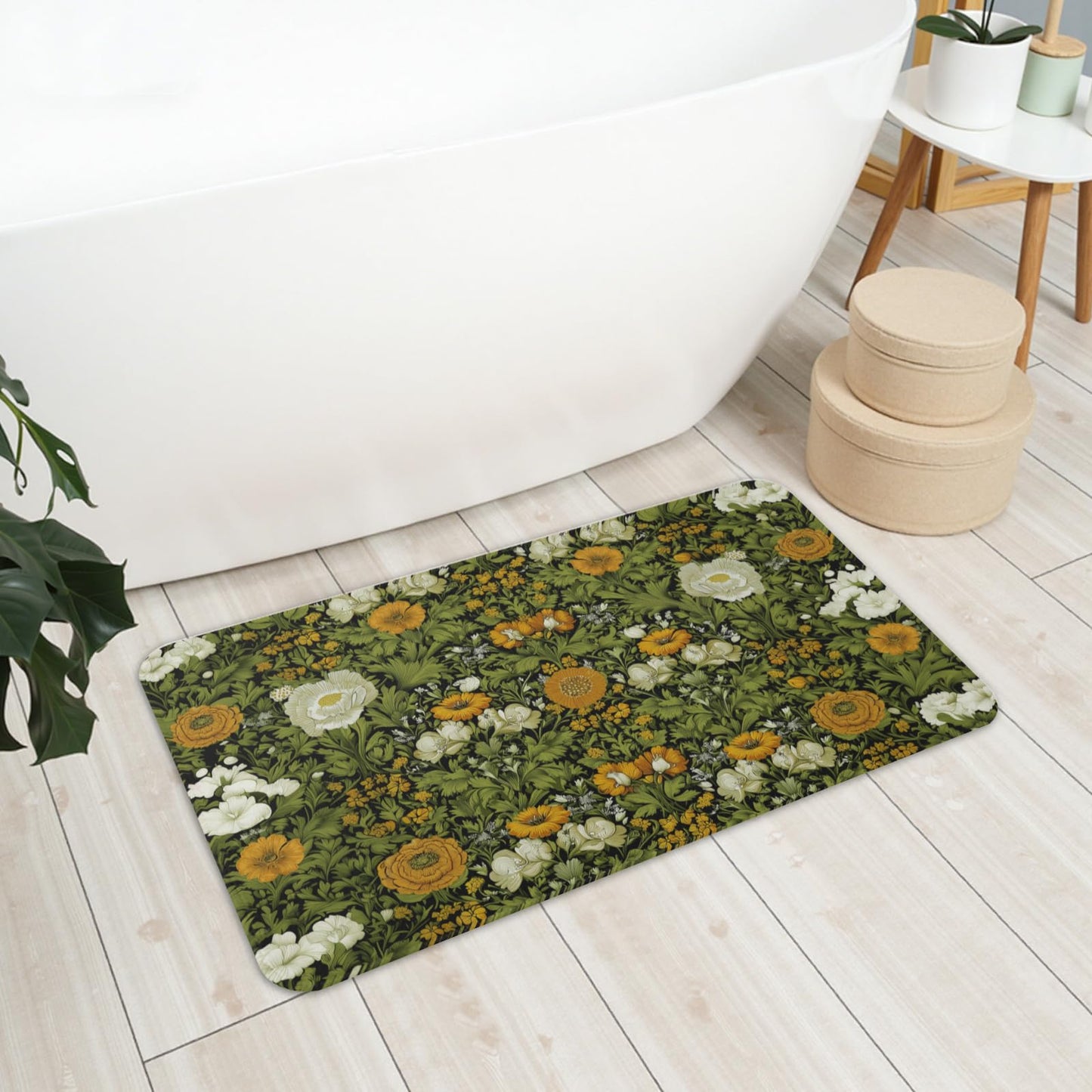 Wualmondor Dark Green Kitchen Rugs Set of 2 Floral Print Kitchen Mats 17"x47"+17"x30" Low Pile Washable Non Slip Rubber Backing Floor Mats for Sink Laundry Home