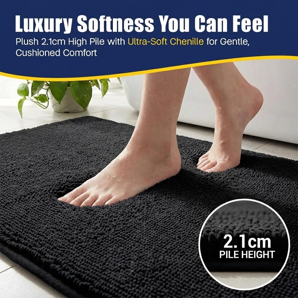 Muddy Mat® CloudStep Bathroom Rugs, Non Slip Bath Mats for Bathroom, Super Absorbent Memory Foam Chenille, Quick Dry Machine Washable Thick Toilet Rug for Shower Tub and Floor, Black 20" x 30"
