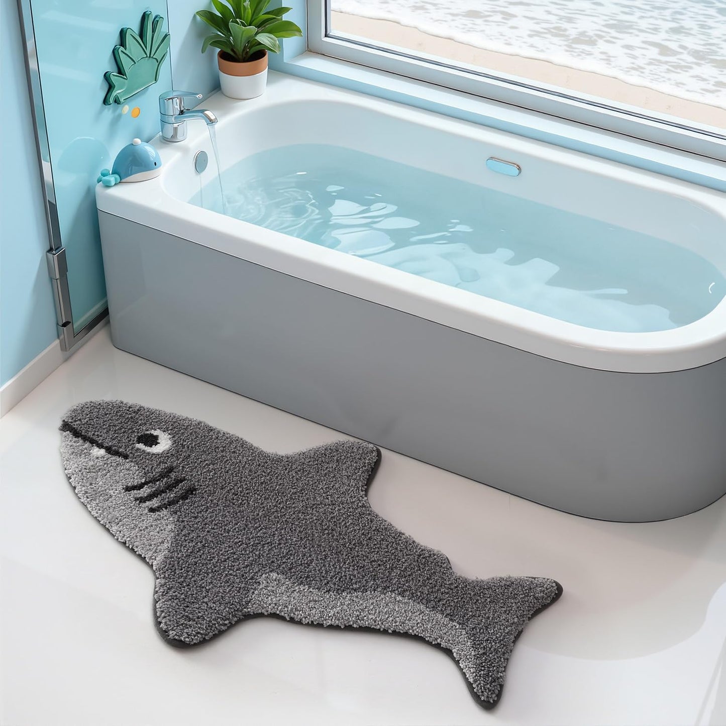 LUMI Cute Animal Bathroom Rugs, Non-Slip Backing Washable Bath Mats, Shark Shaped Absorbent Bath Rugs for Bathroom, Ideal Floor Mat for Shower Sink Bathtub Room Decor, 24"x40", Echo Shark