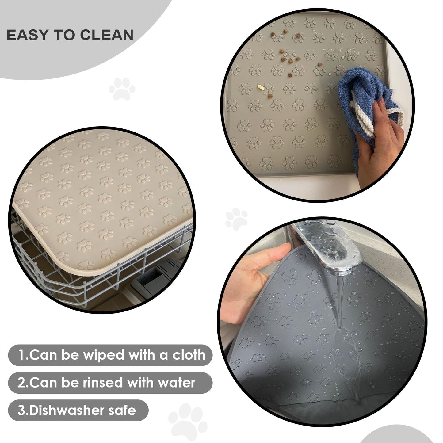 WLDJMP Pet Food Mat with Raised Sides, Silicone, Gray, 17.3x10.6 Inches, Dog Paw Pattern, Floor Protection for Cats (Khaki, 44x27cm)