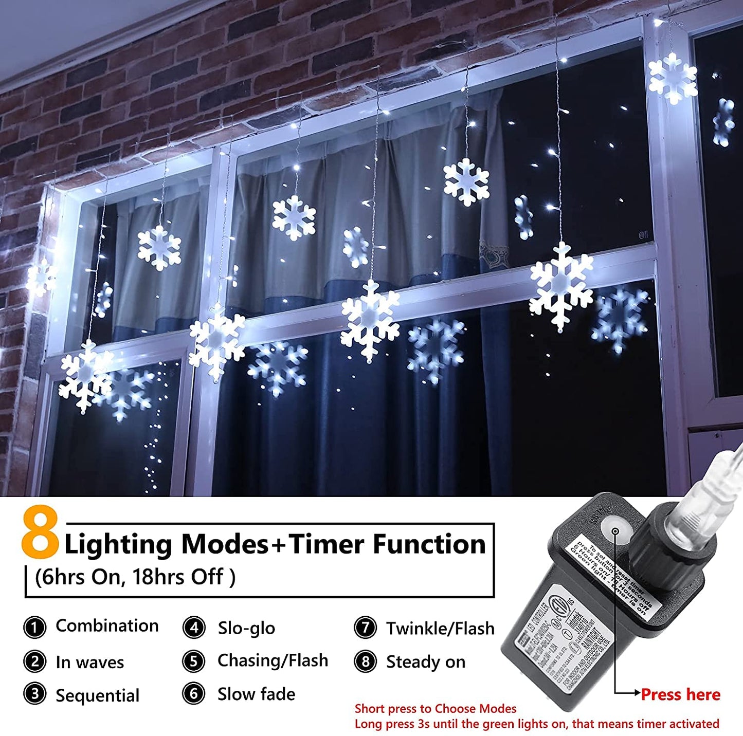 Christmas Snowflake Lights Outdoor, 17.22ft 264 LED Snowflake Icicle Lights with 22 Drops, 8 Modes connectable Plug In Christmas Light Waterproof for Eaves, Garden, Indoor & Outdoor Xmas Decor (White)